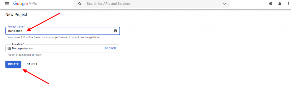 New porject in Google APIs