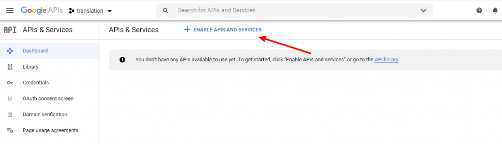 Enable APIs and services in Google APIs