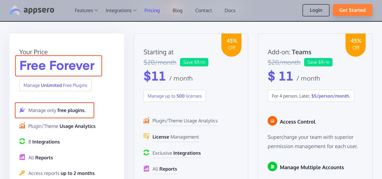 Appsero pricing page