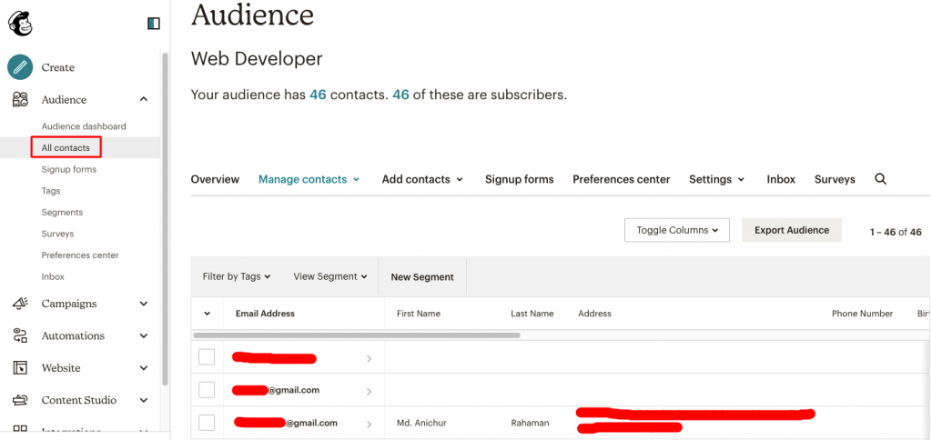 All contacts of the audiences