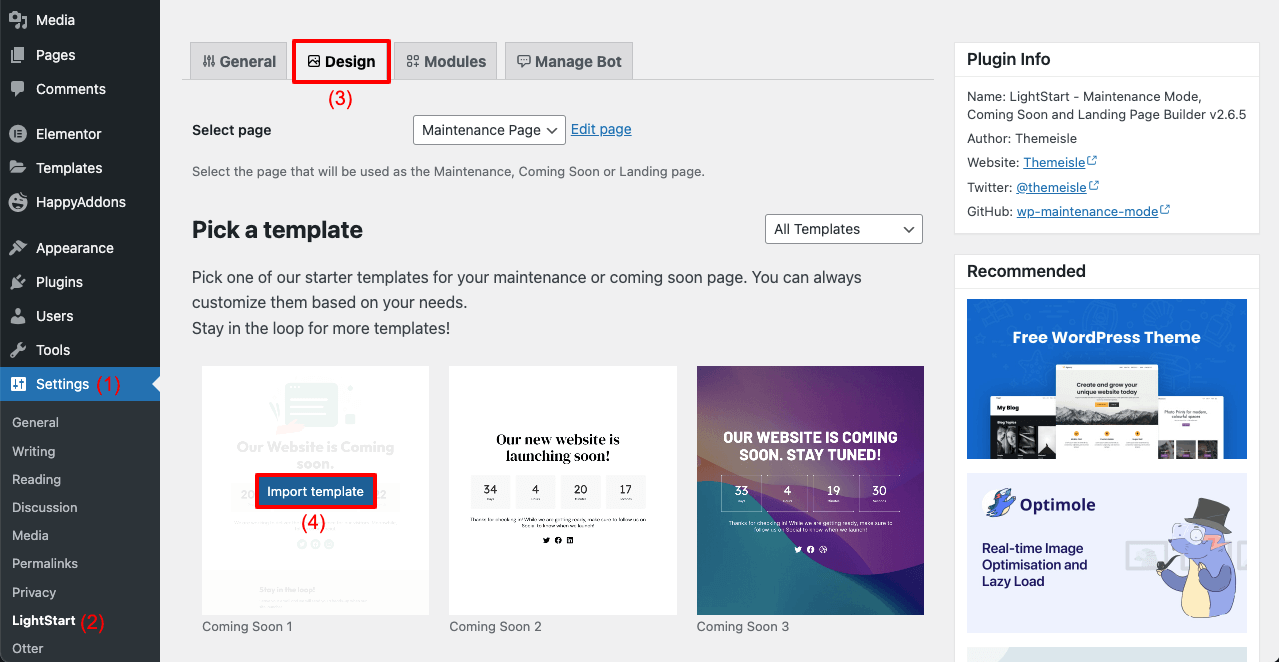 Go to Readymade Template Section of the LightStart and Import a Template