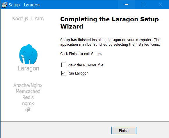 Completing the Laragon setup Wizard