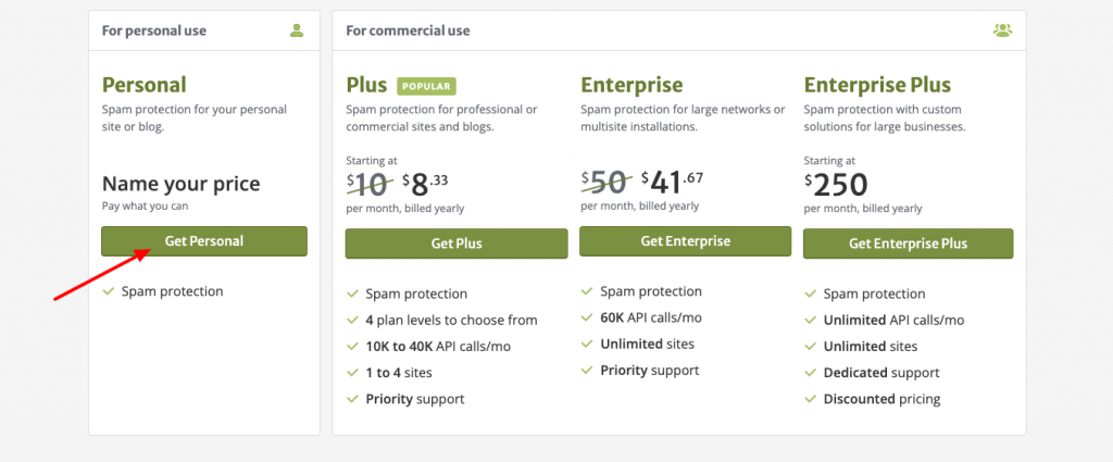 Akismet subscription plans