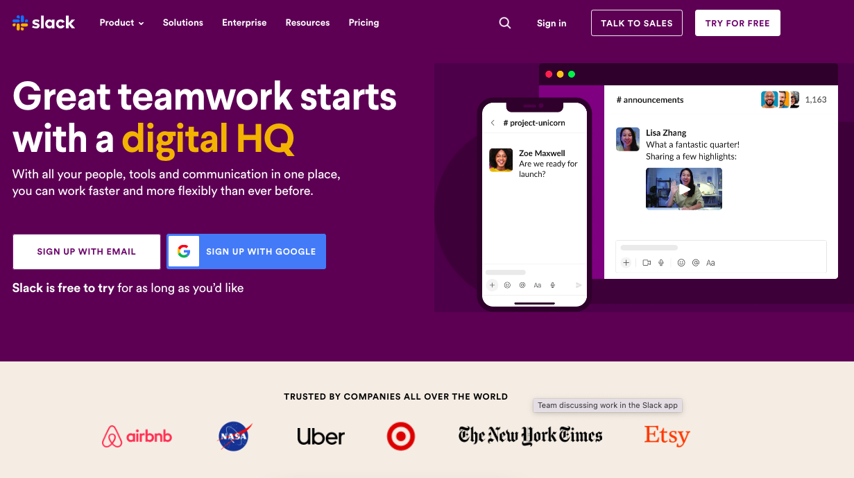 Slack's landing page