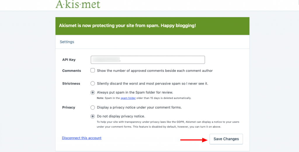 Akismet set up final step